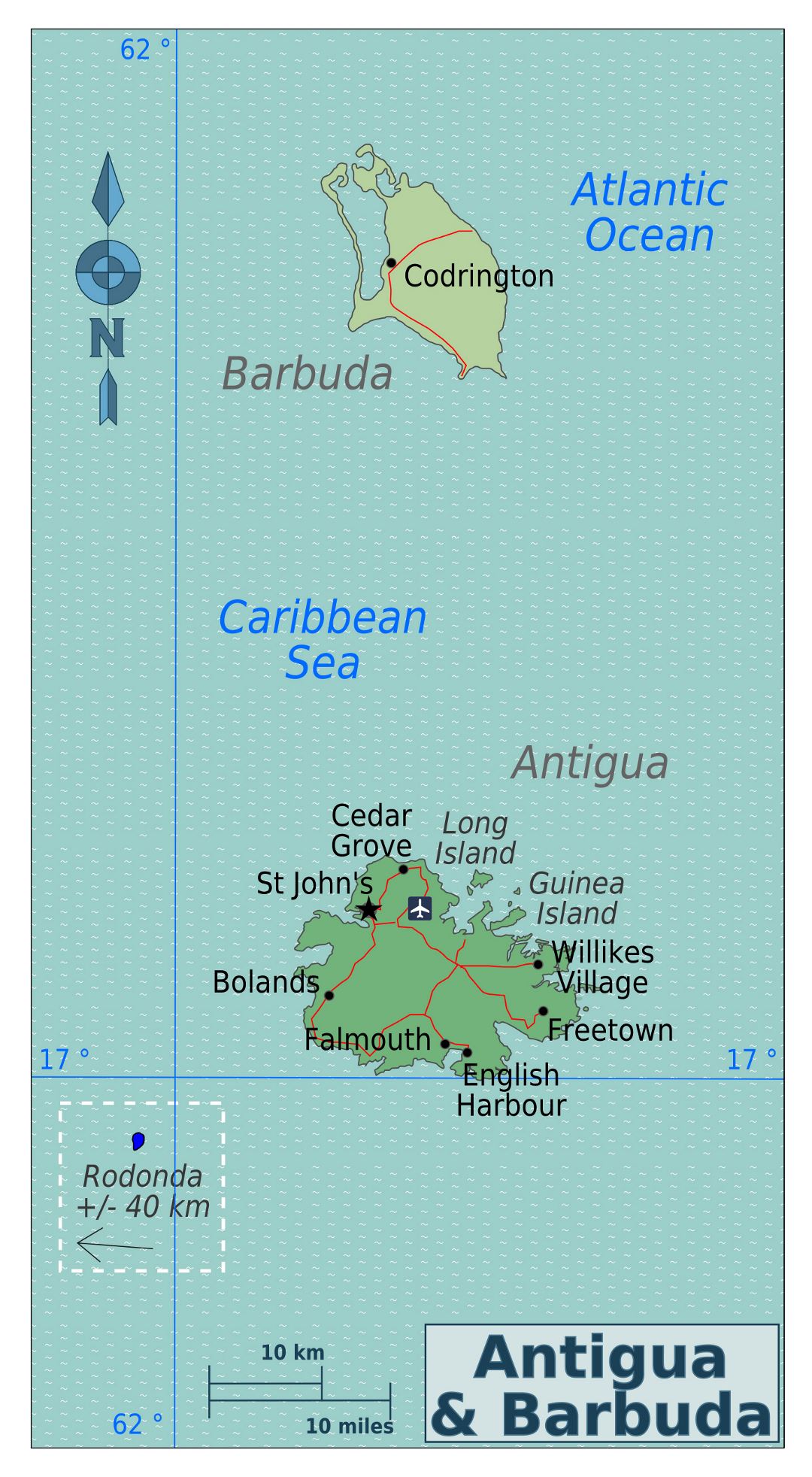 Большая политическая карта Антигуа и Барбуды с дорогами, городами и аэропортами