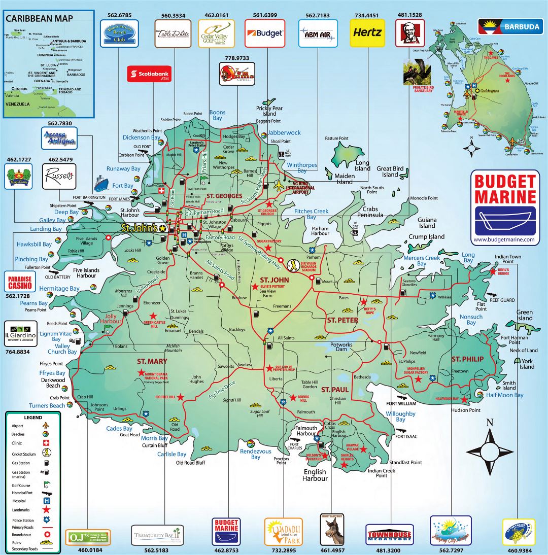 Большая туристическая карта Антигуа с дорогами и другими пометками