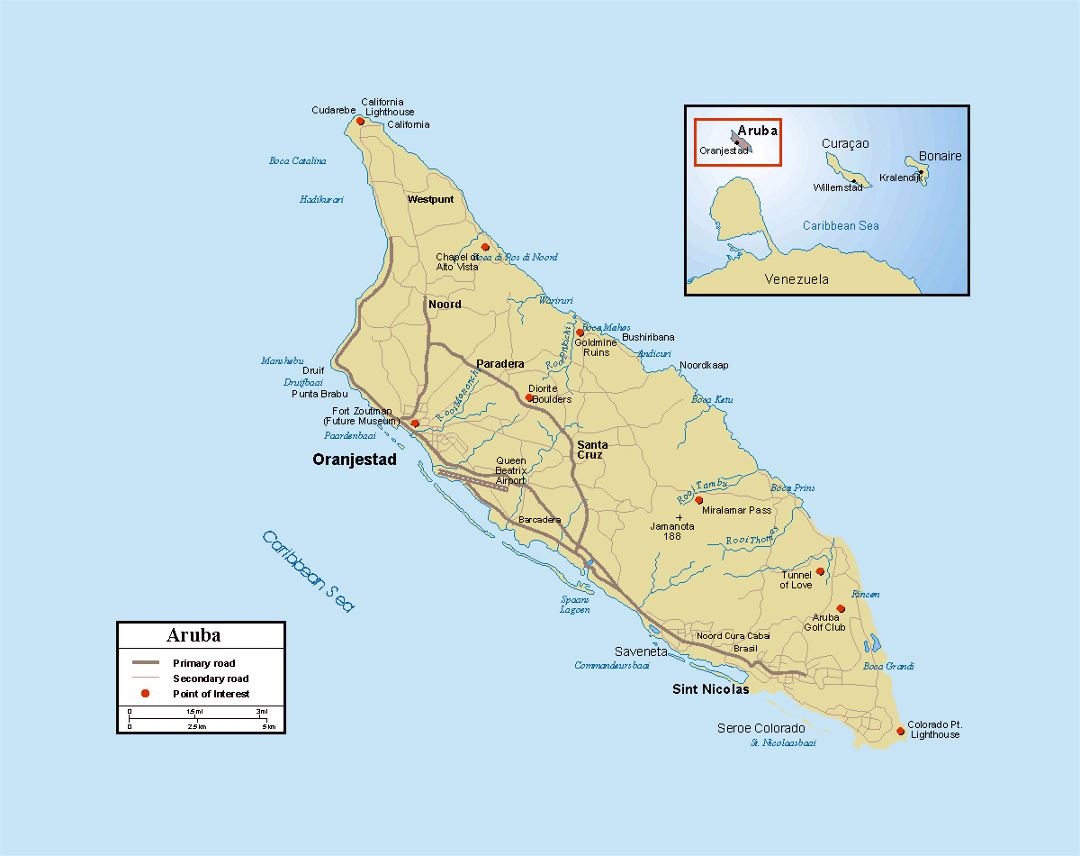 Детальная политическая карта Арубы с дорогами, городами и другими пометками