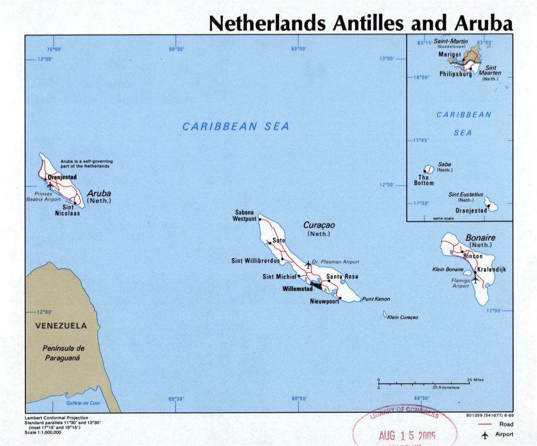 Большая детальная политическая карта Нидерландских Антильских островов и Арубы с дорогами, городами и аэропортами - 1989