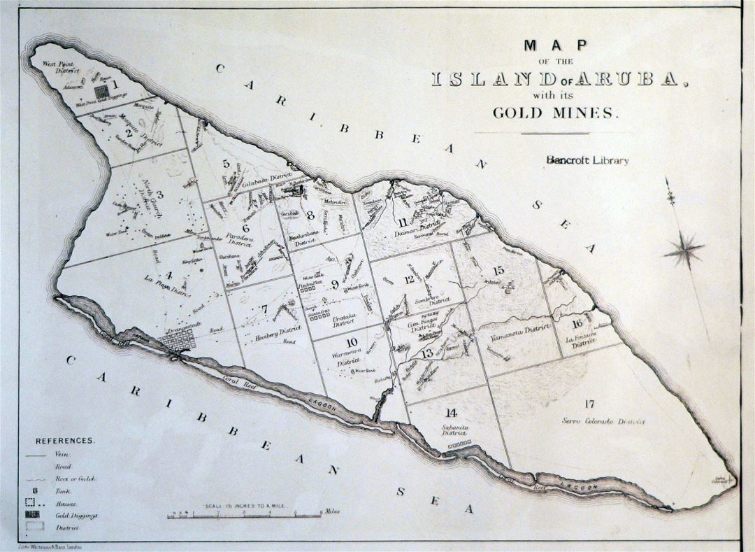 Большая старая карта острова Аруба с его золотыми приисками - 1885