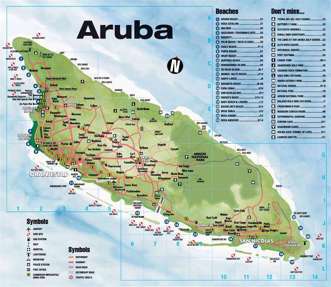 Большая туристическая карта Арубы с дорогами и другими пометками