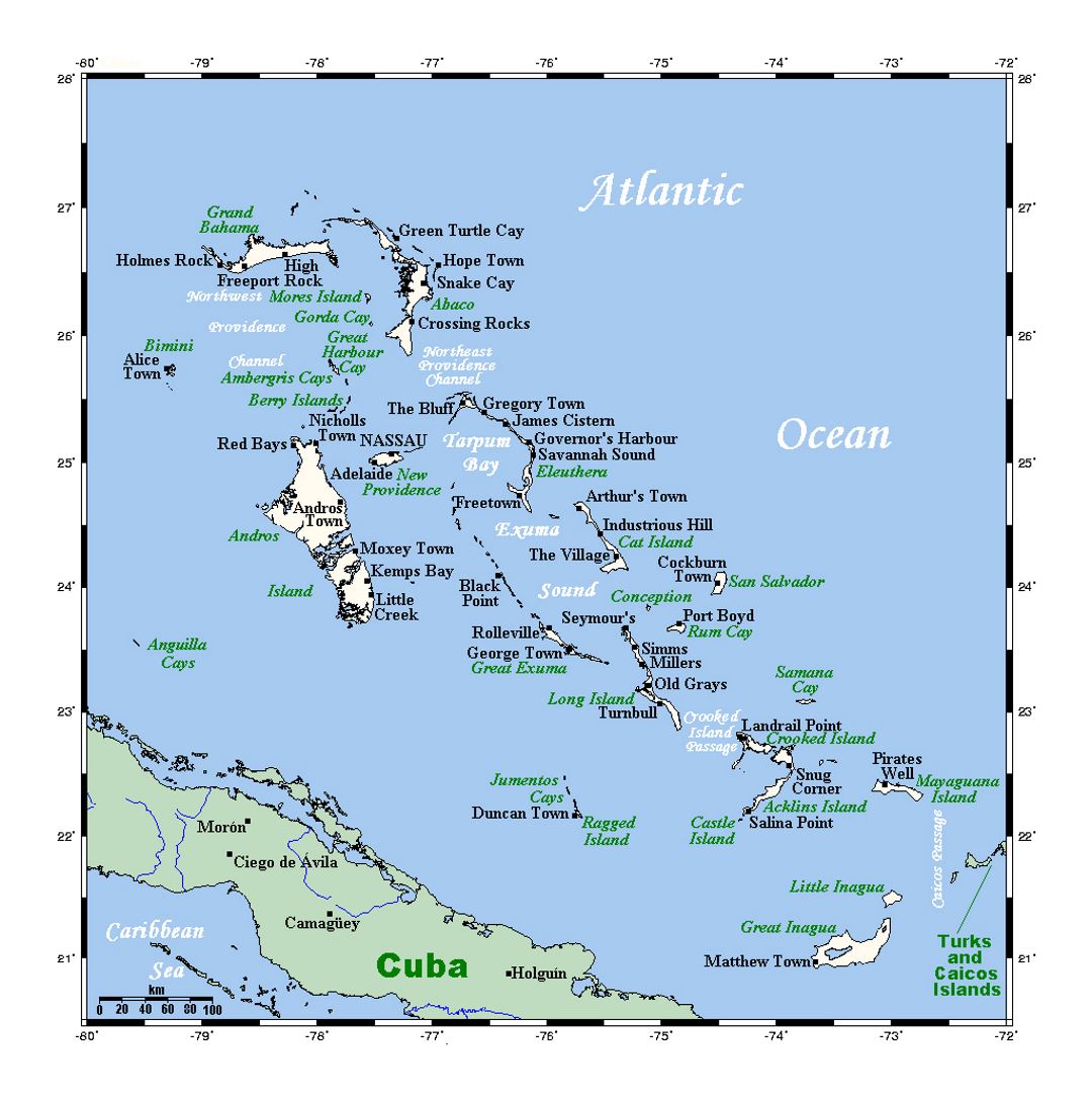Подробная карта Багам с городами