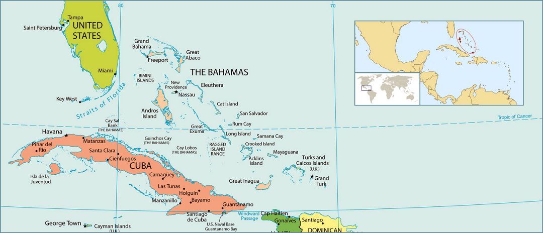 Детальная политическая карта Багамских островов