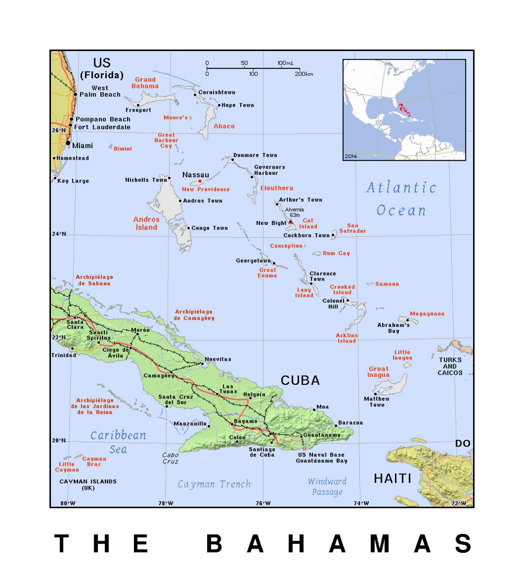 Детальная политическая карта Багамских островов с рельефом