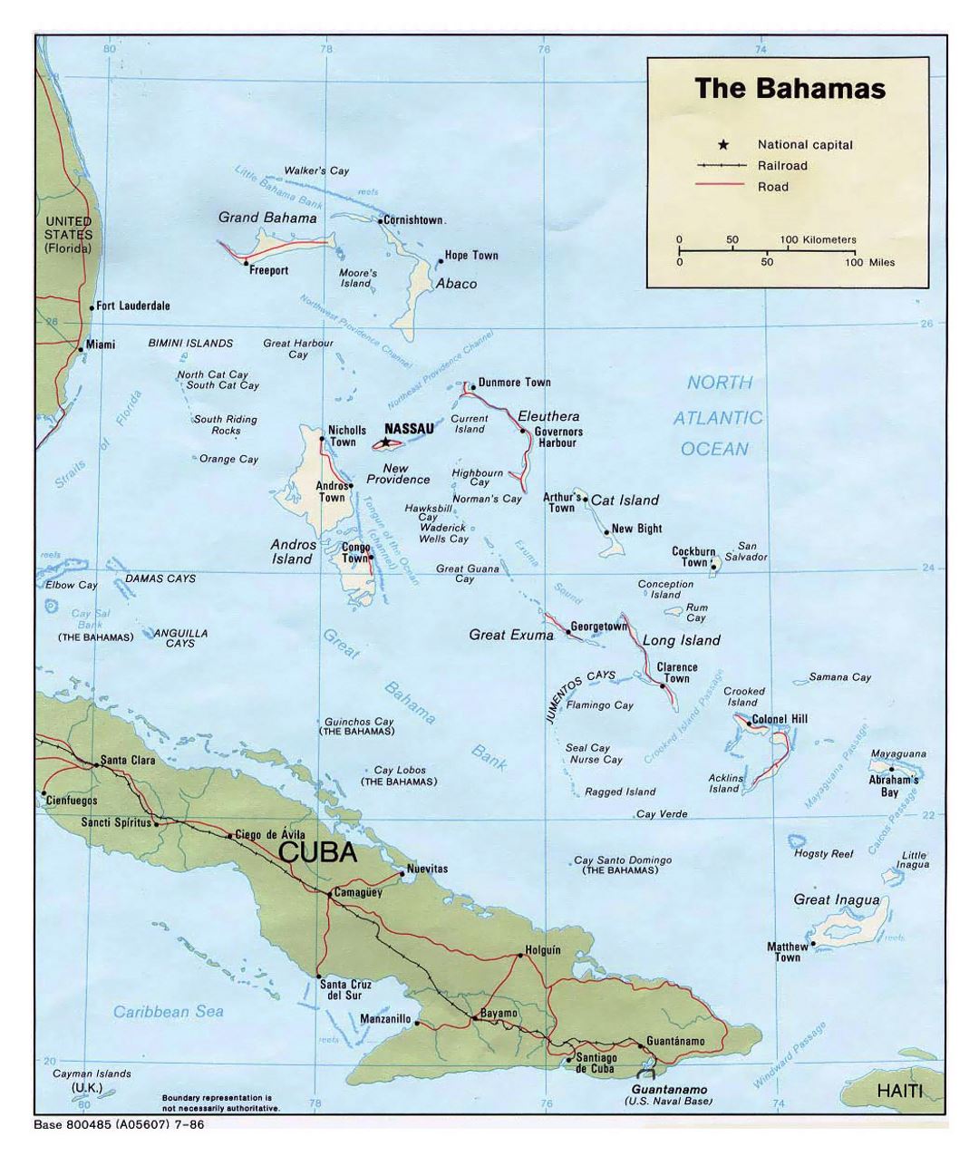 Детальная политическая карта Багамских островов с дорогами, железными дорогами и крупными городами - 1986