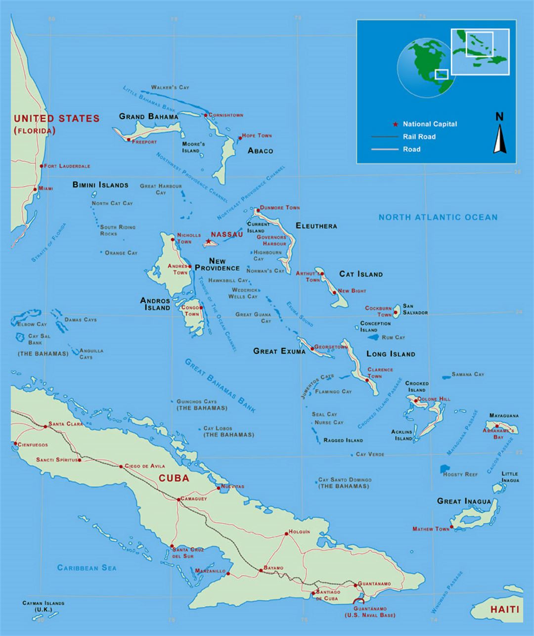 Подробная политическая карта Багамских островов с дорогами, железными дорогами и крупными городами