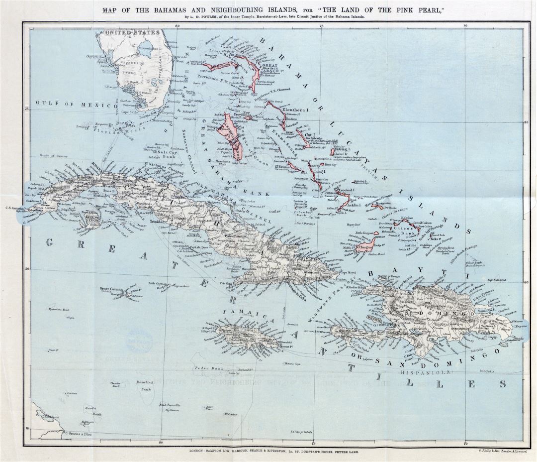 Большая детальная карта Багамских островов и соседних островов