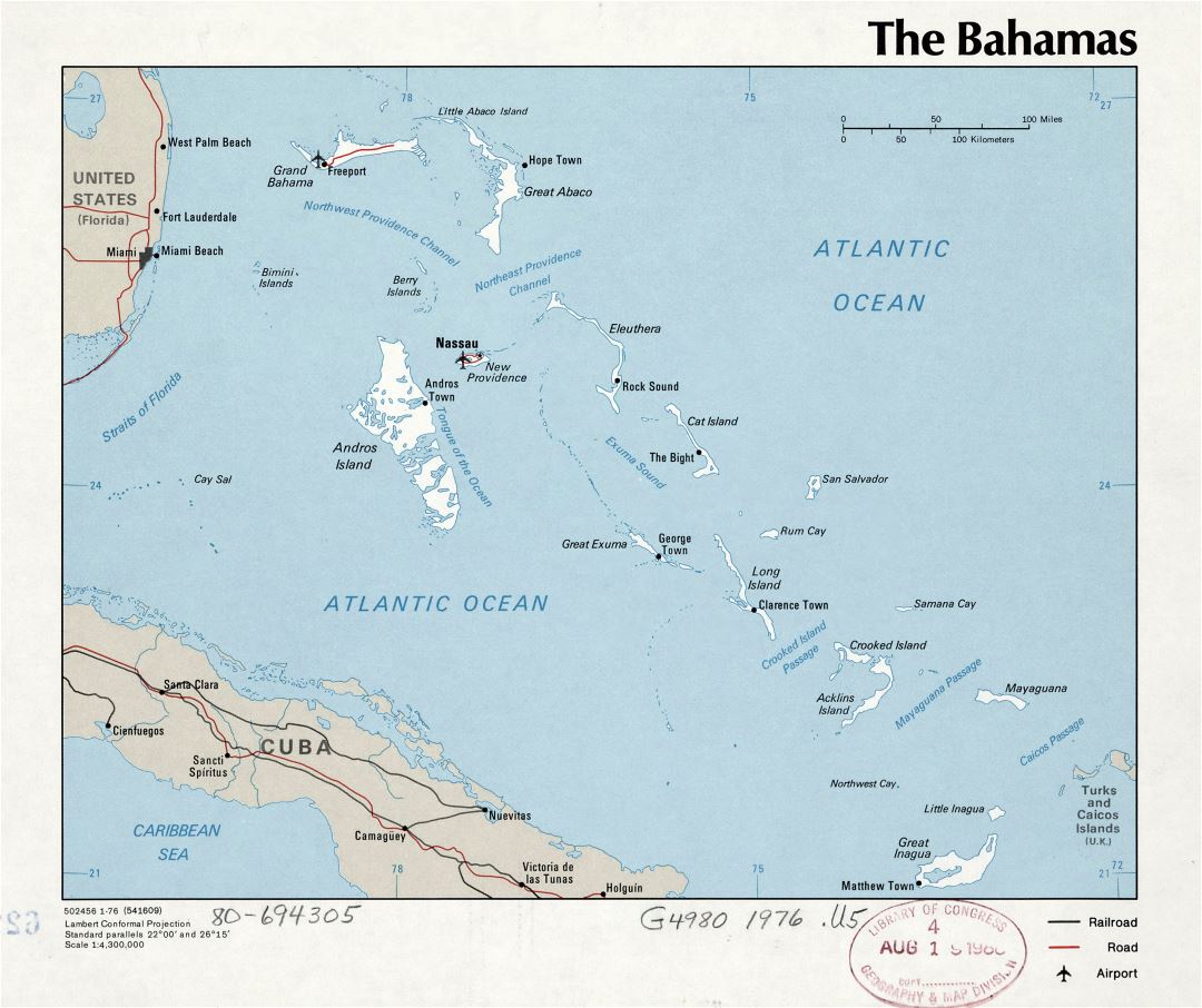 Большая детальная политическая карта Багамских островов с крупными городами и аэропортами - 1976