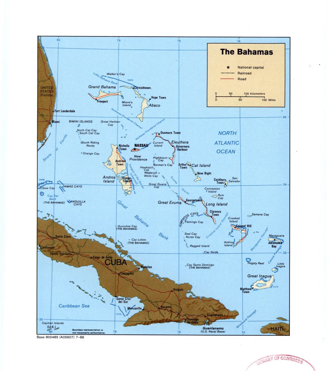 Большая детальная политическая карта Багамских островов с рельефом, дорогами, железными дорогами и крупными городами - 1986