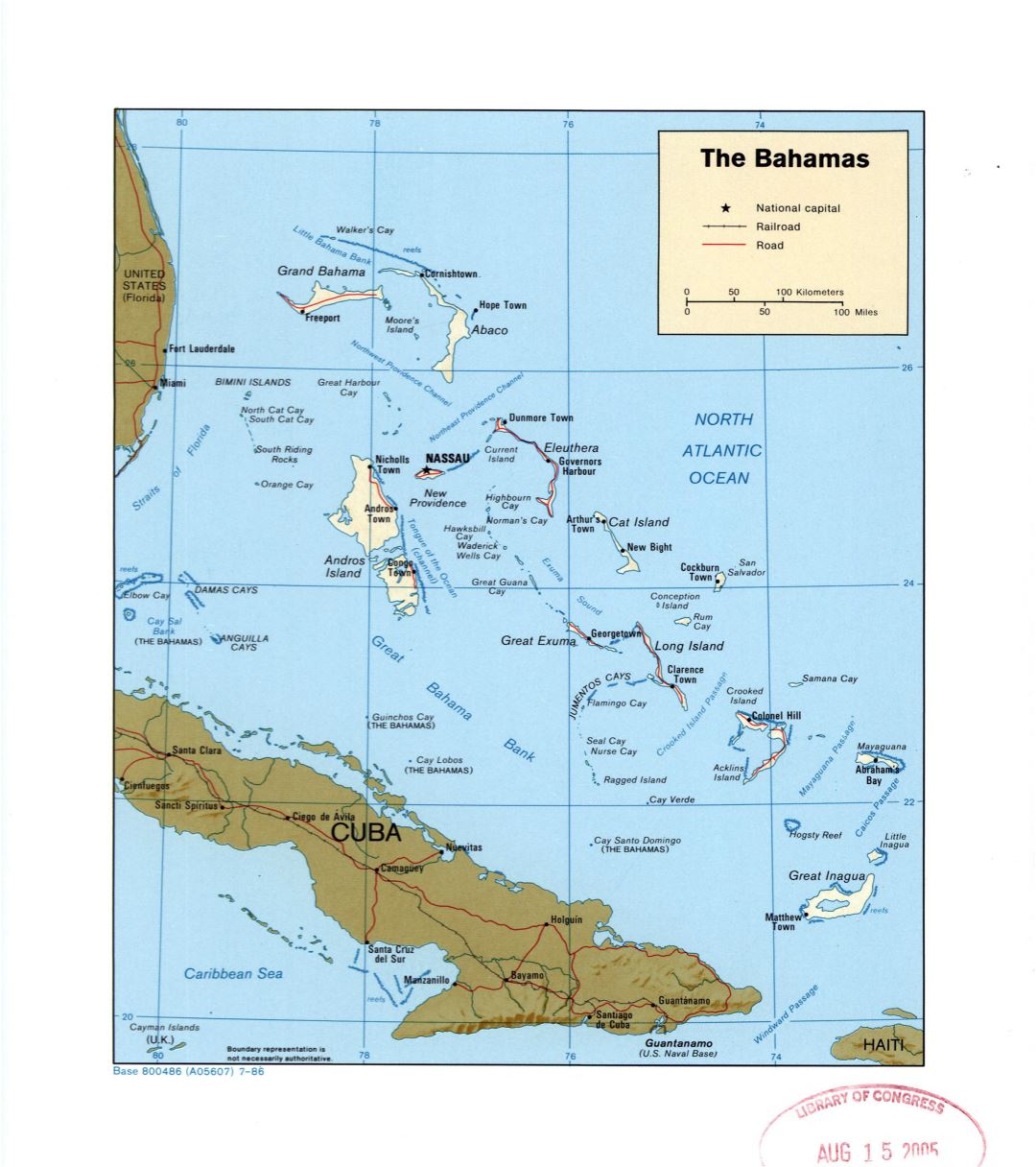 Большая детальная политическая карта Багамских островов с дорогами, железными дорогами и крупными городами - 1986