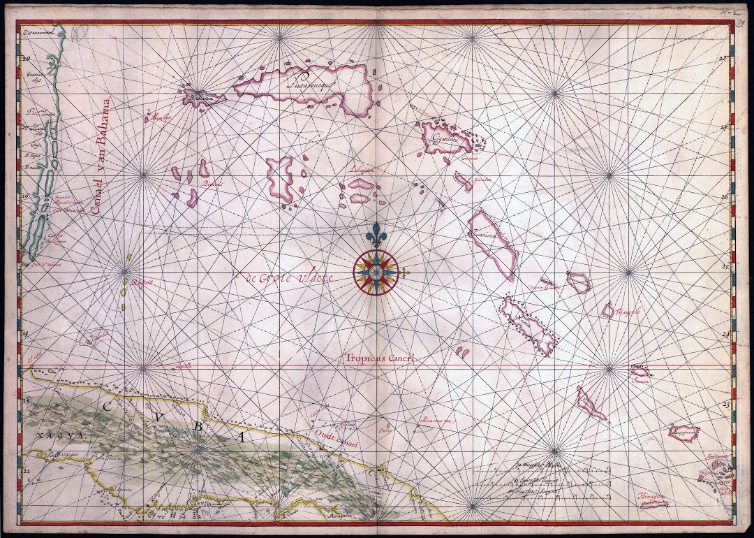 Крупномасштабная античная старая карта части острова Куба и Багамских островов - 1650