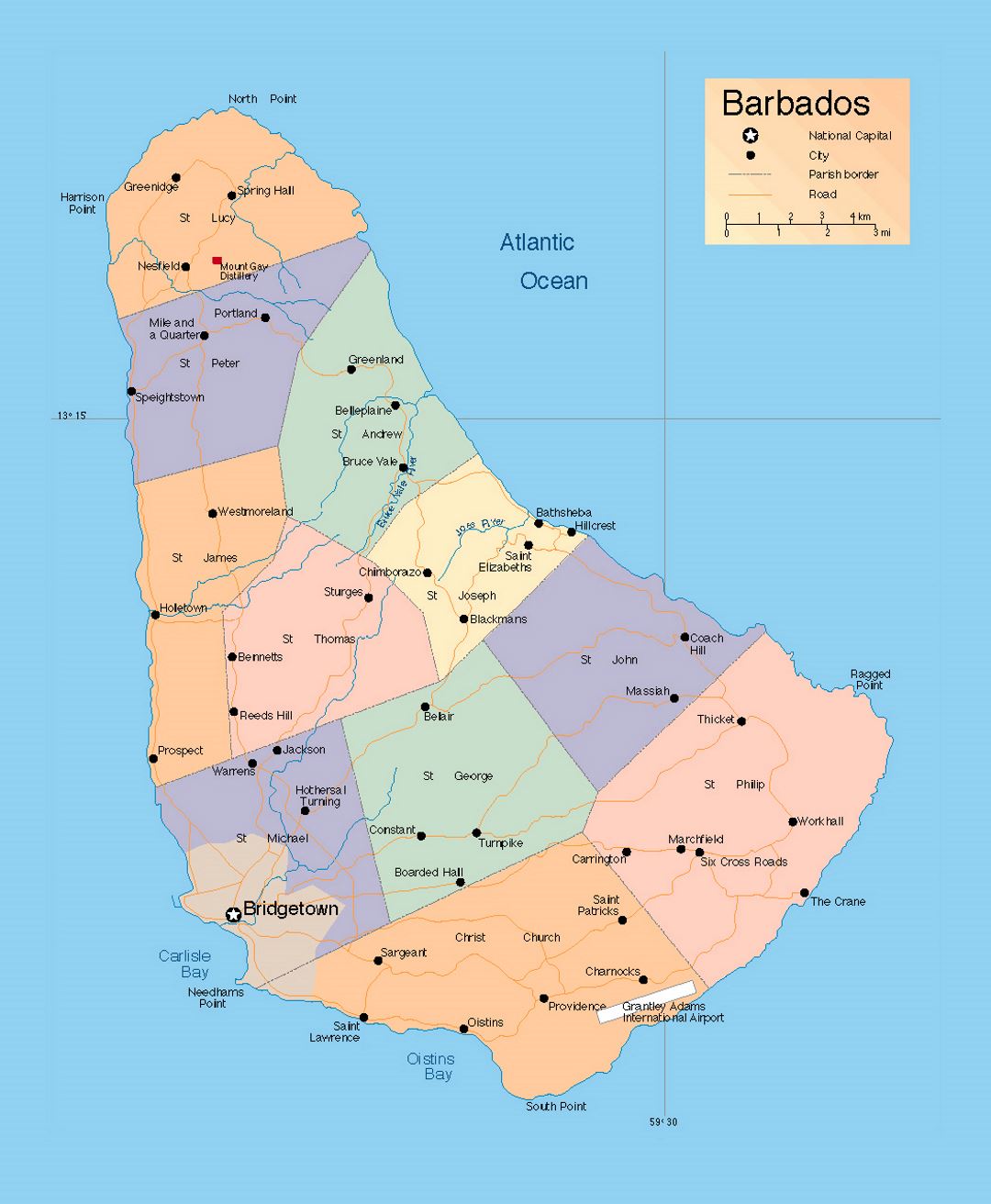 Подробная административная карта Барбадоса с дорогами и городами