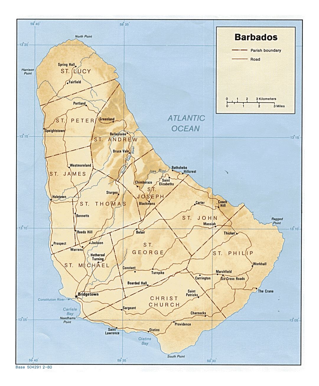 Детальная политическая и административная карта Барбадоса с рельефом, дорогами и городами - 1980