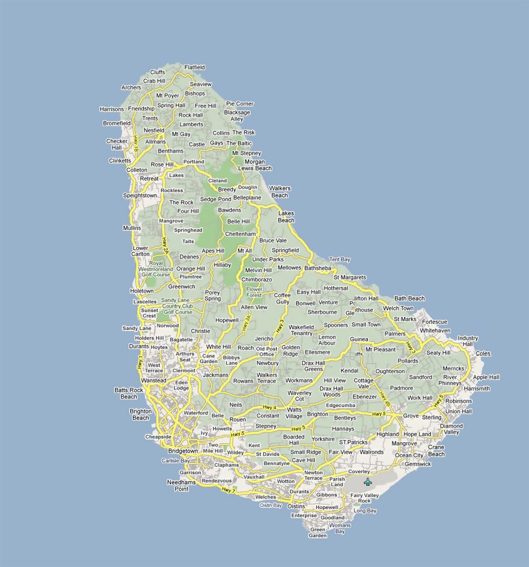 Подробная карта дорог Барбадоса со всеми городами