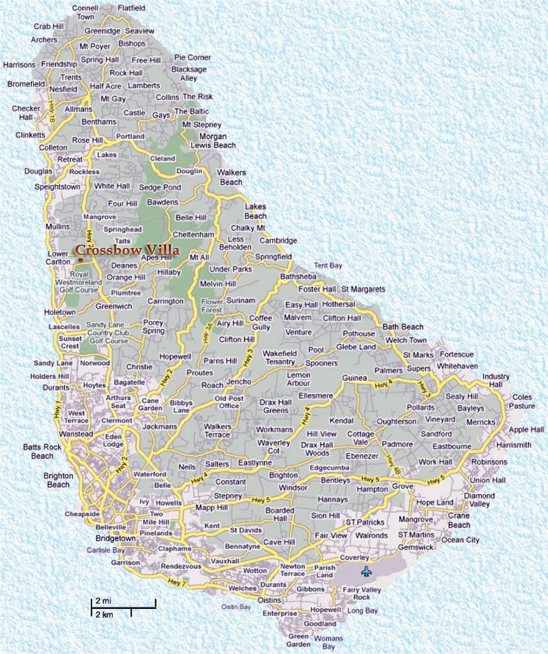 Подробная карта дорог Барбадоса с городами