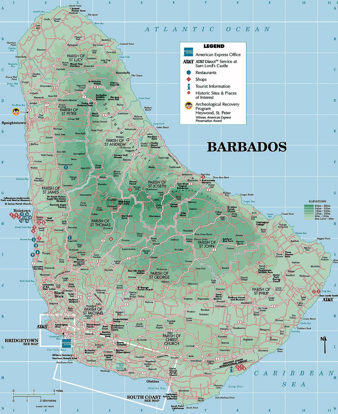 Подробная туристическая карта и карта высот Барбадоса с другими пометками