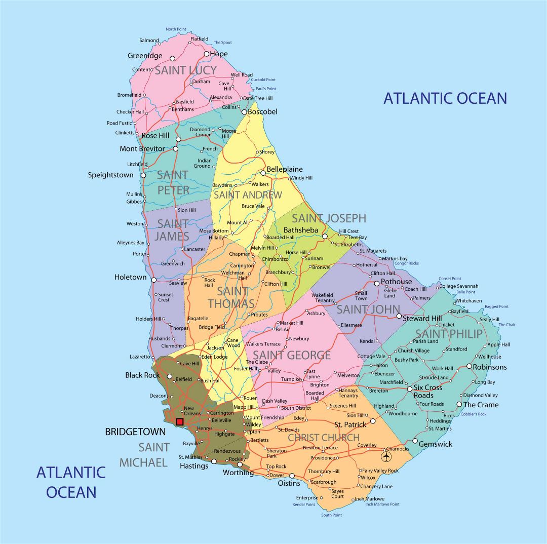 Большая детальная административная карта Барбадоса с дорогами, городами, деревнями и аэропортами