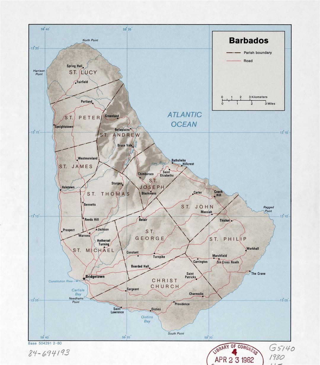 Большая подробная политическая и административная карта Барбадоса с рельефом, дорогами и городами - 1980