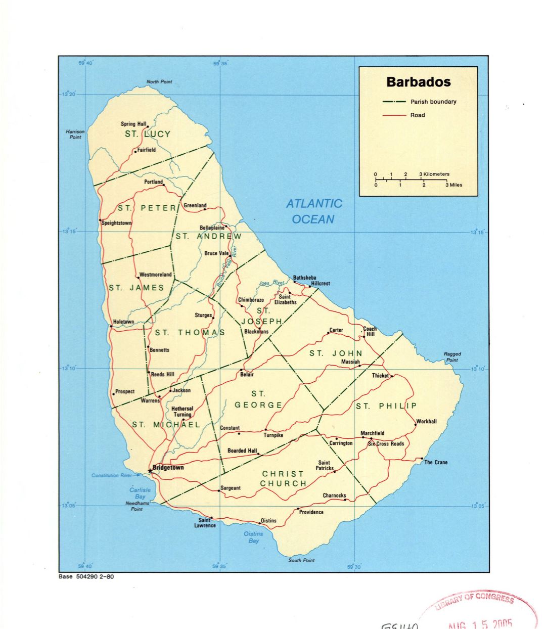 Большая детальная политическая и административная карта Барбадоса с дорогами и городами - 1980