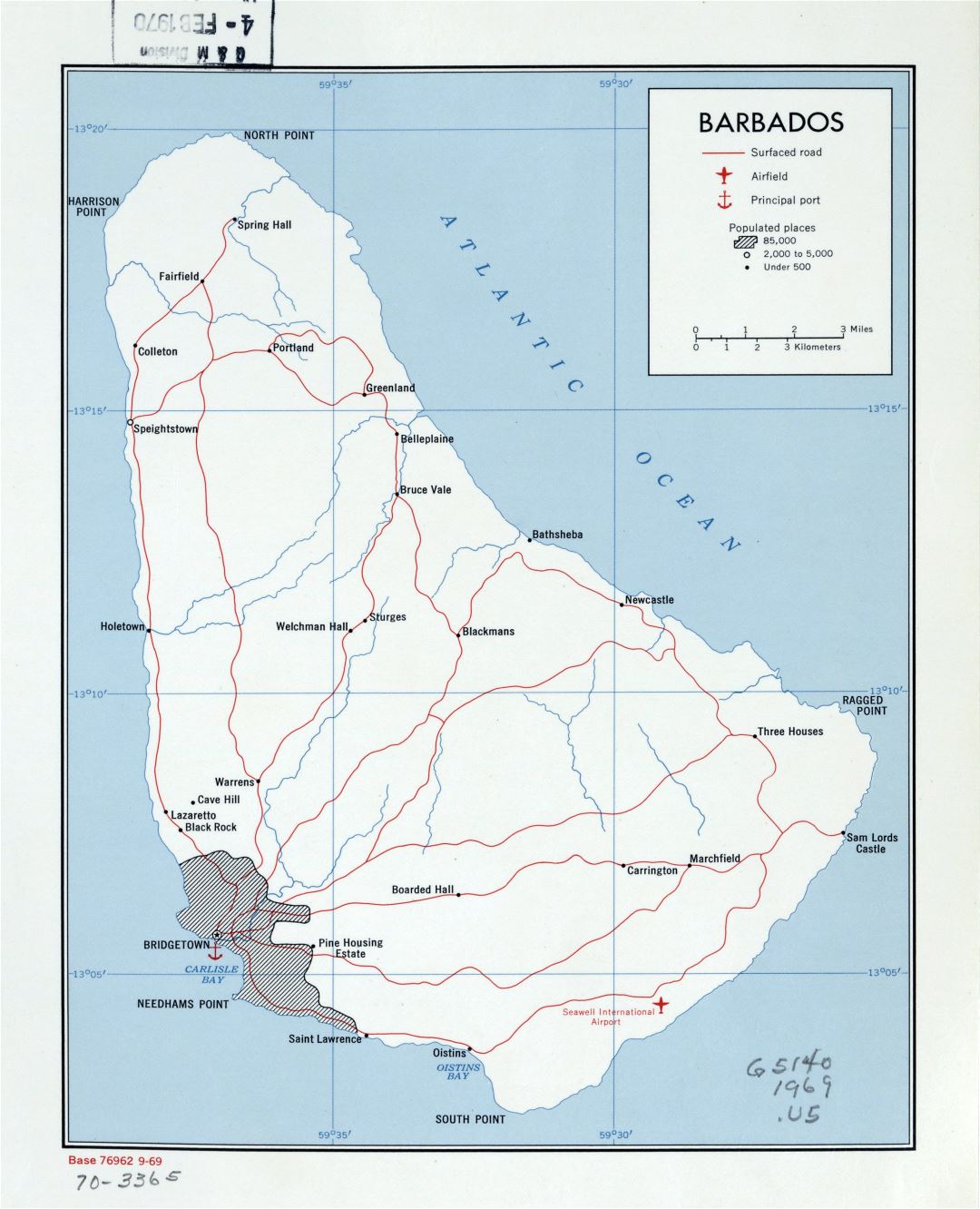 Большая детальная политическая карта Барбадоса с дорогами, городами, портами и аэропортами - 1969