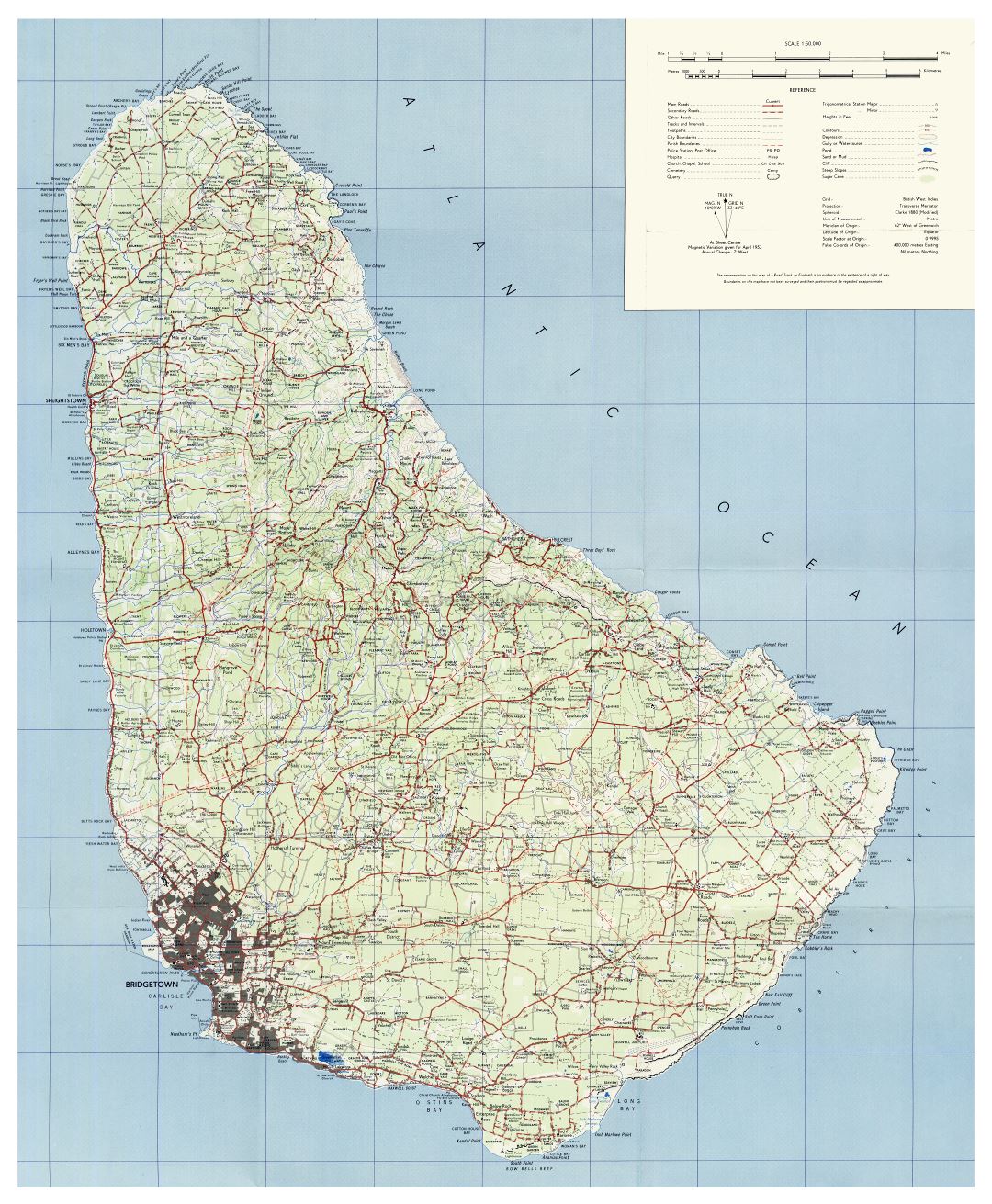 Большая детальная топографическая карта Барбадоса с дорогами, городами, деревнями и другими пометками