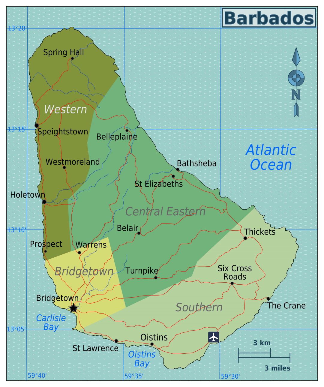 Большая карта регионов Барбадоса