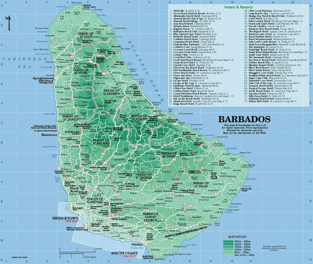 Большая туристическая карта и карта высот Барбадоса с другими пометками