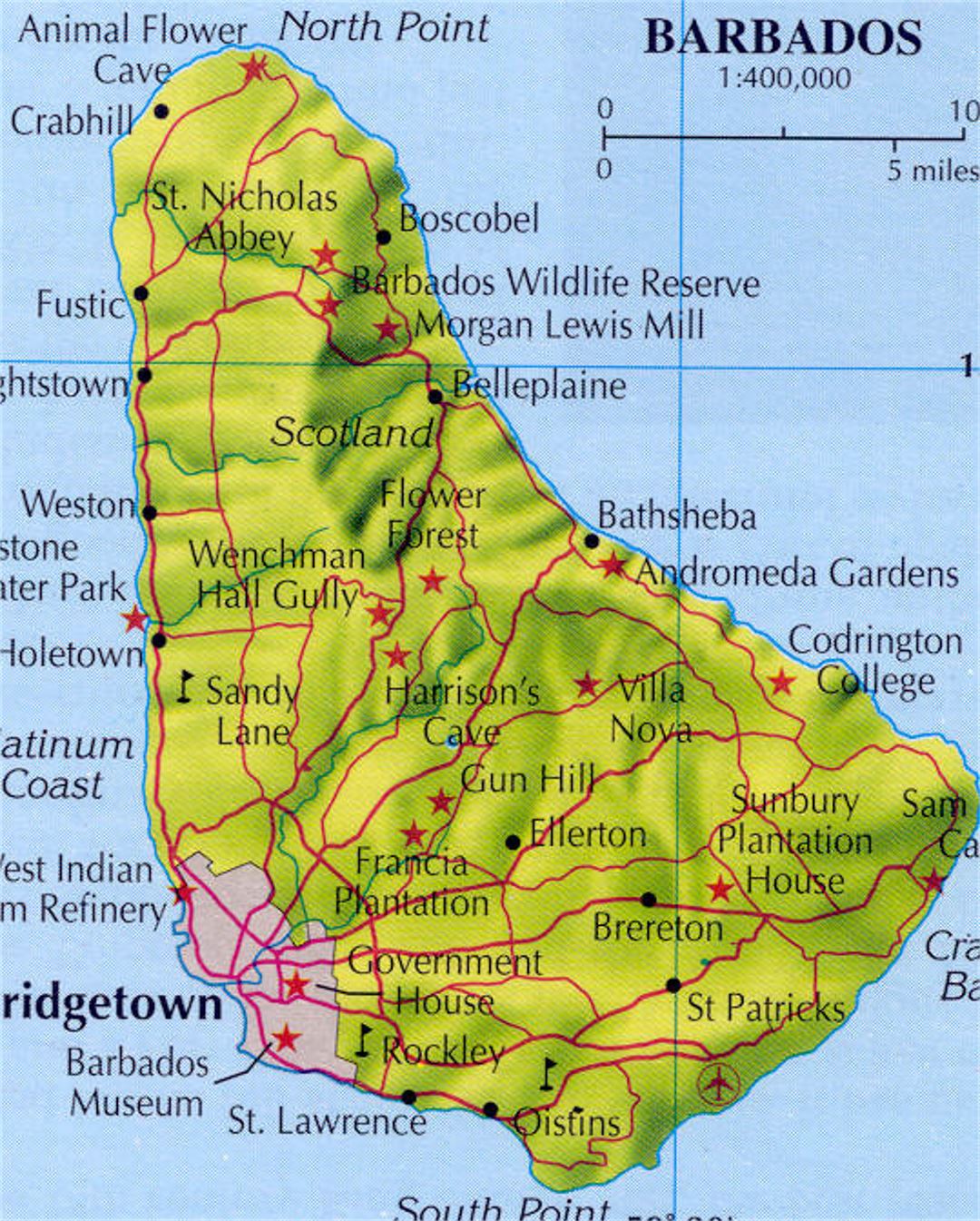 Карта рельефа и дорог Барбадоса с городами