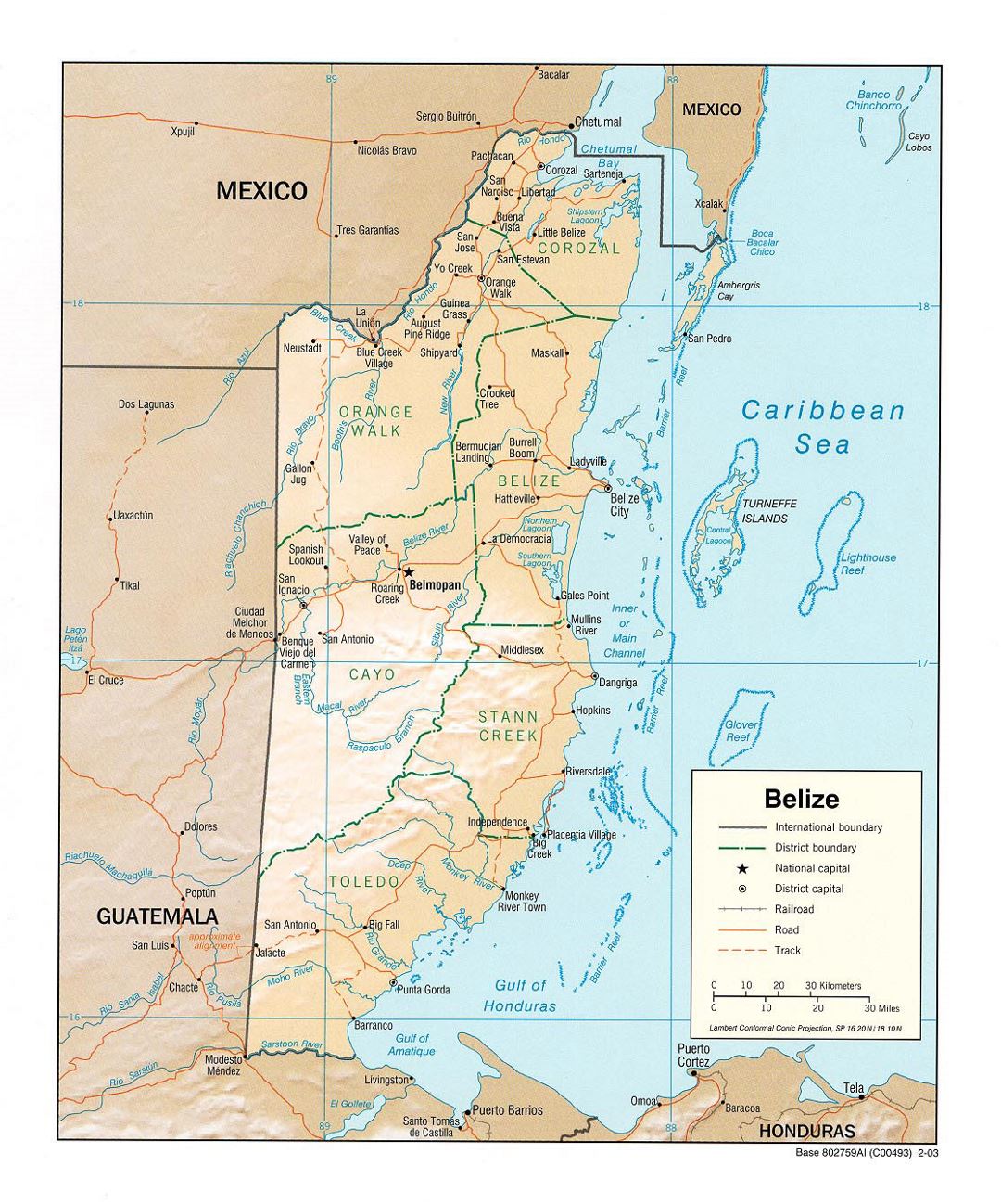 Подробная политическая и административная карта Белиза с рельефом, дорогами, железными дорогами и крупными городами - 2003