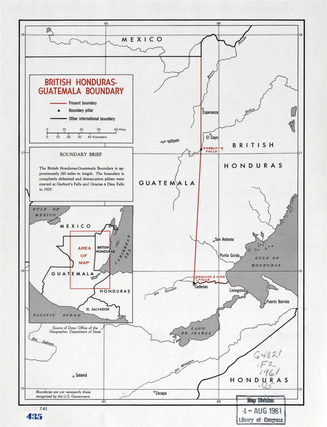 Большая подробная карта границ Британского Гондураса - Гватемалы - 1961