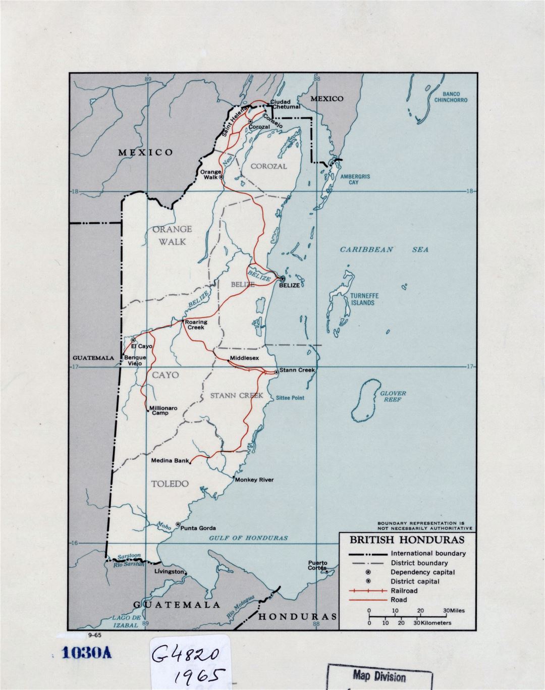 Большая детальная политическая и административная карта Британского Гондураса с дорогами, железными дорогами и крупными городами - 1965