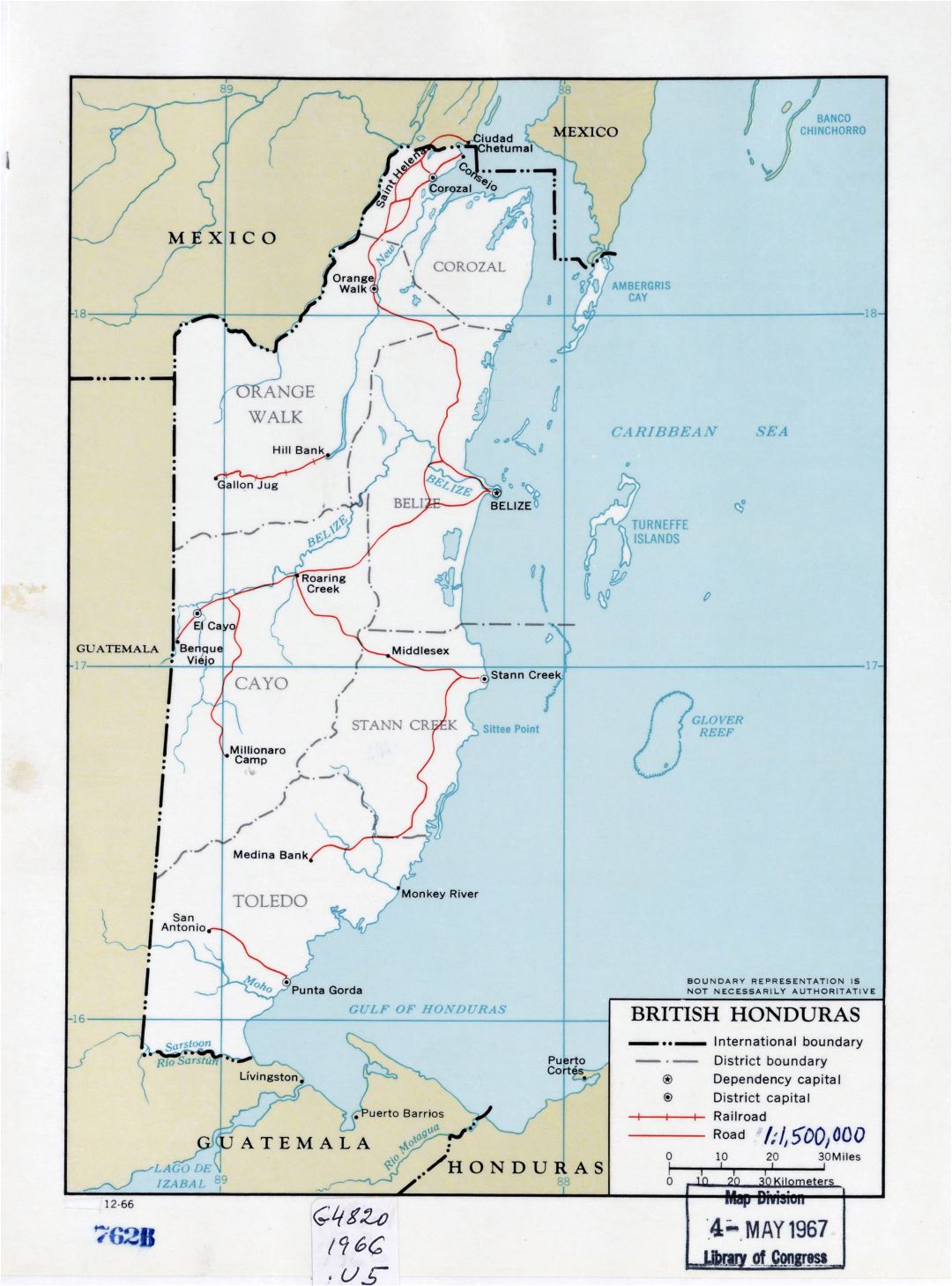 Большая детальная политическая и административная карта Британского Гондураса с дорогами, железными дорогами и крупными городами - 1966