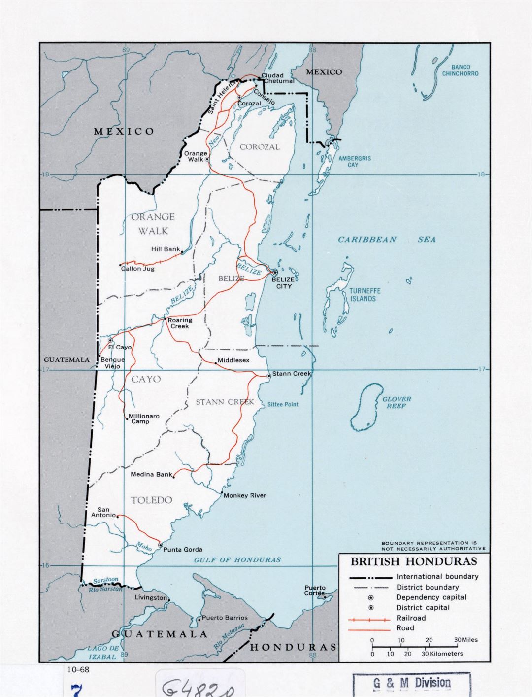 Большая подробная политическая и административная карта Британского Гондураса с дорогами, железными дорогами и крупными городами - 1968