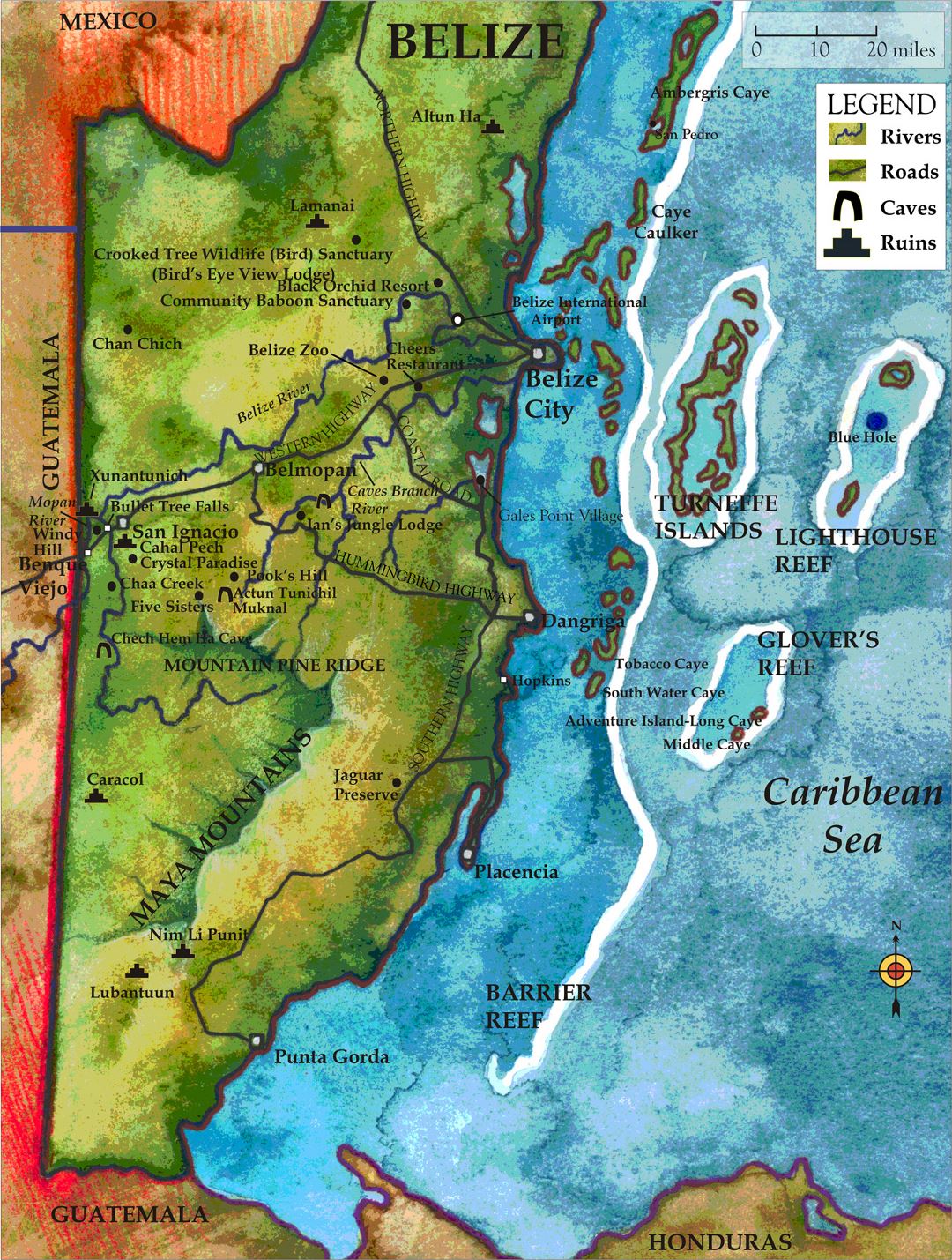 Большая детальная туристическая карта Белиза
