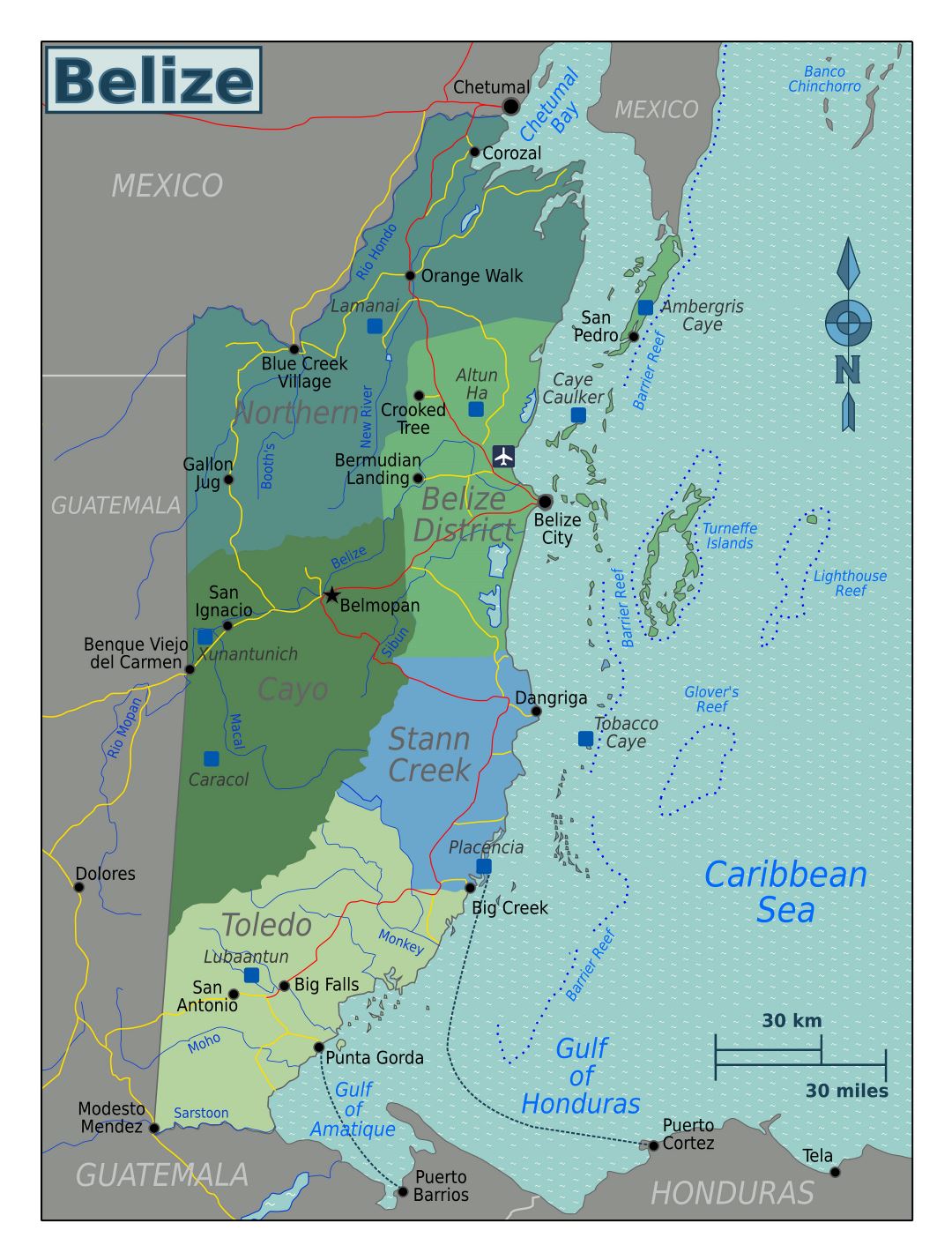 Большая карта регионов Белиза