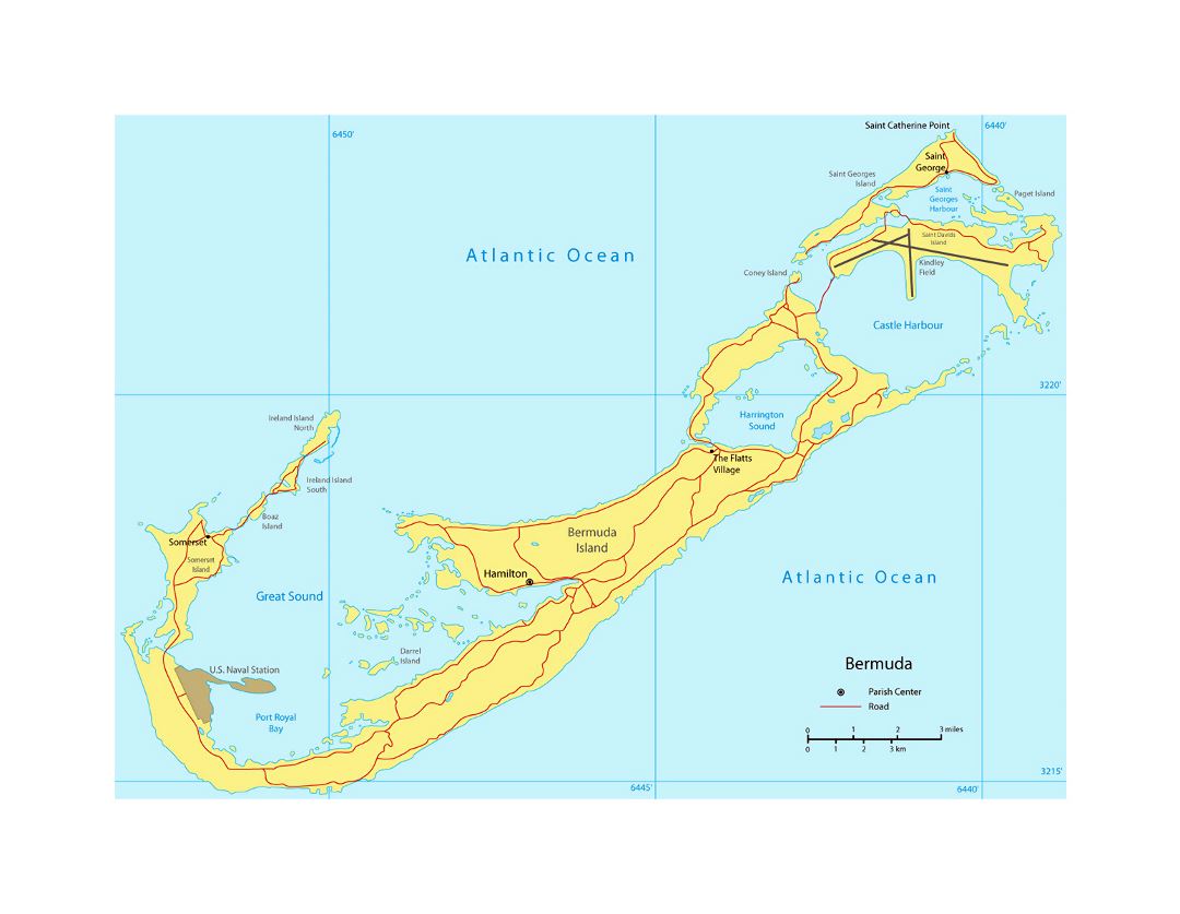 Подробная карта Бермудских островов с дорогами и городами