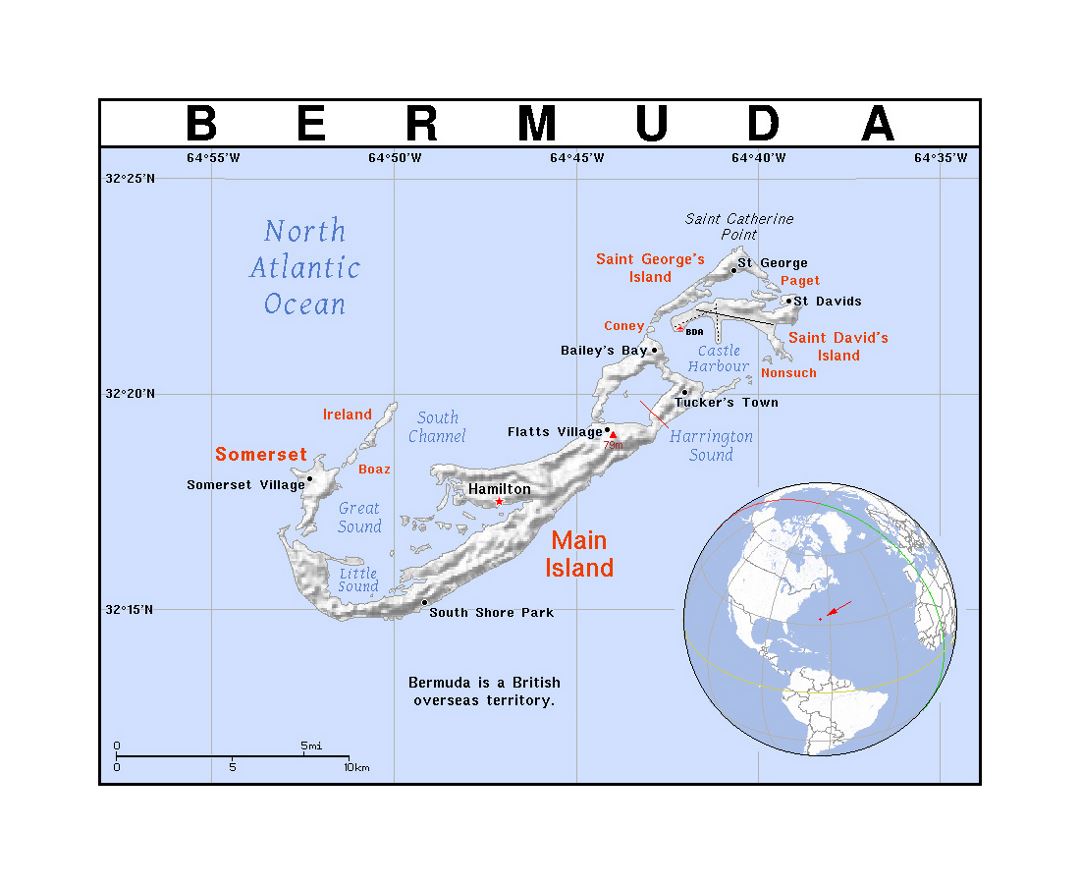 Детальная политическая карта Бермудских островов с рельефом