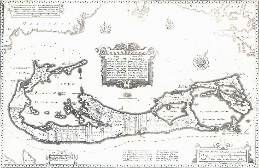 Большая подробная старая античная карта Бермудских островов - 1676