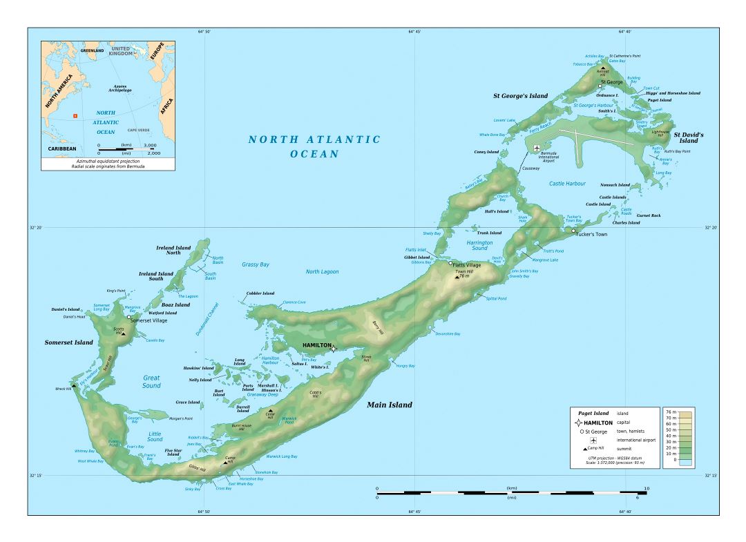 Большая детальная физическая карта Бермудских островов с городами и аэропортами