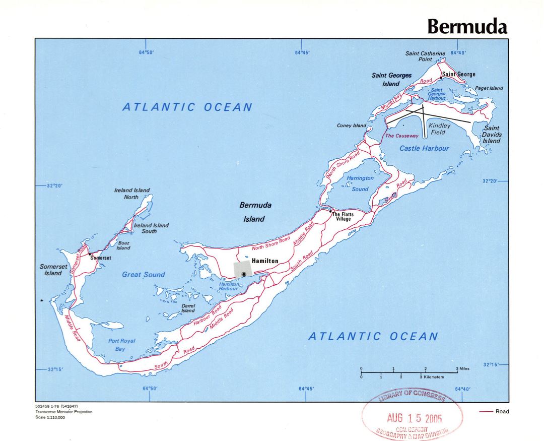 Большая детальная политическая карта Бермудских островов с дорогами, городами и другими пометками - 1976