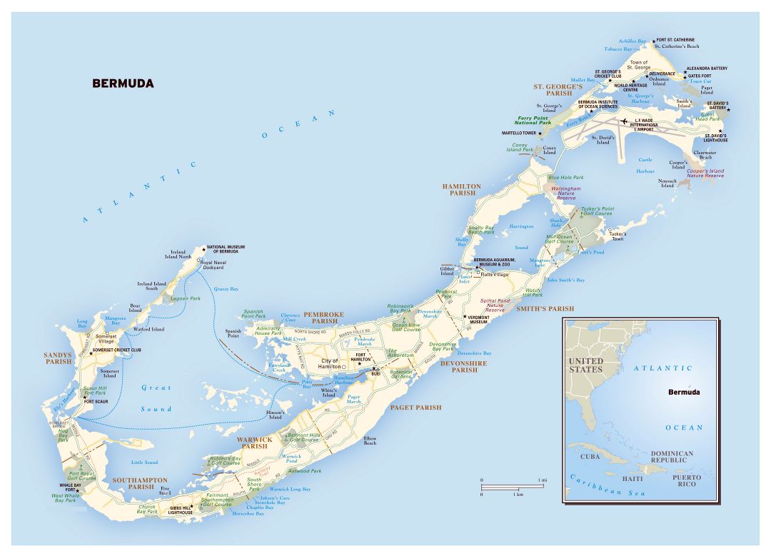 Большая детальная карта дорог Бермудских островов с городами и другими пометками
