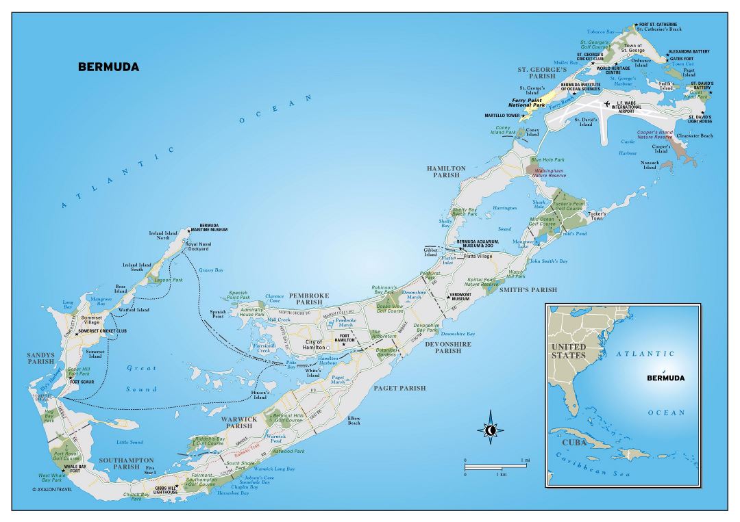 Большая детальная карта дорог Бермудских островов с городами, природными заповедниками, парками и другими пометками