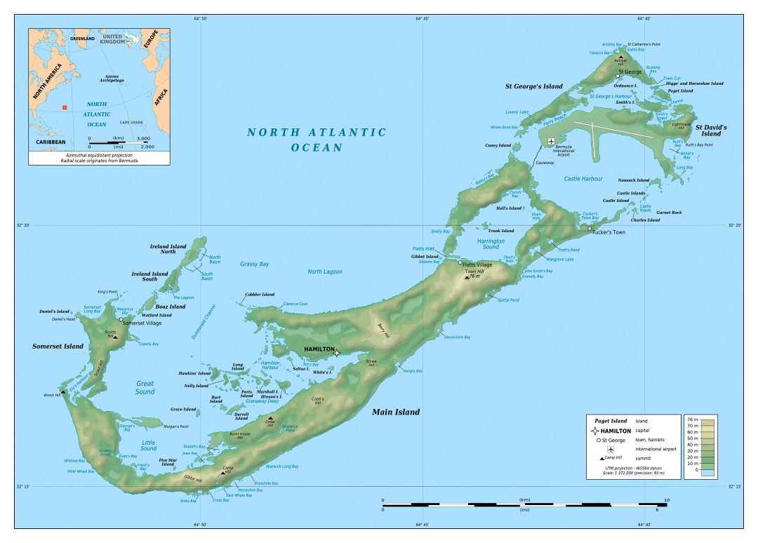 Большая подробная топографическая карта Бермудских островов