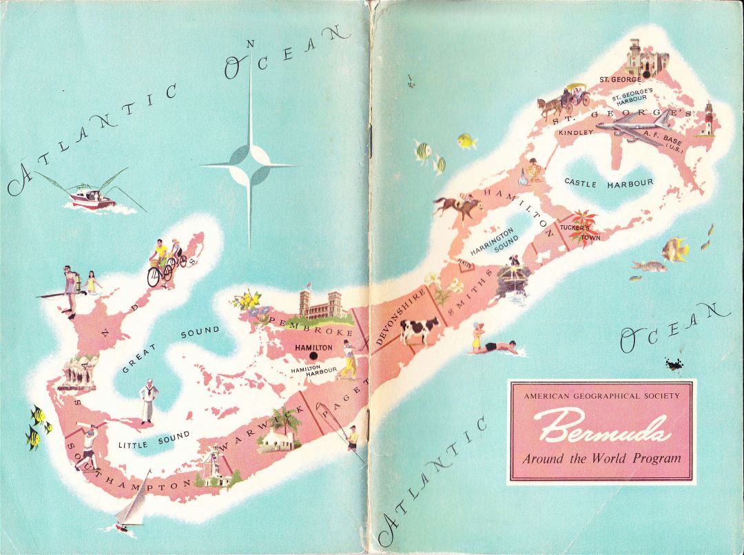 Большая подробная туристическая иллюстрированная карта Бермудских островов