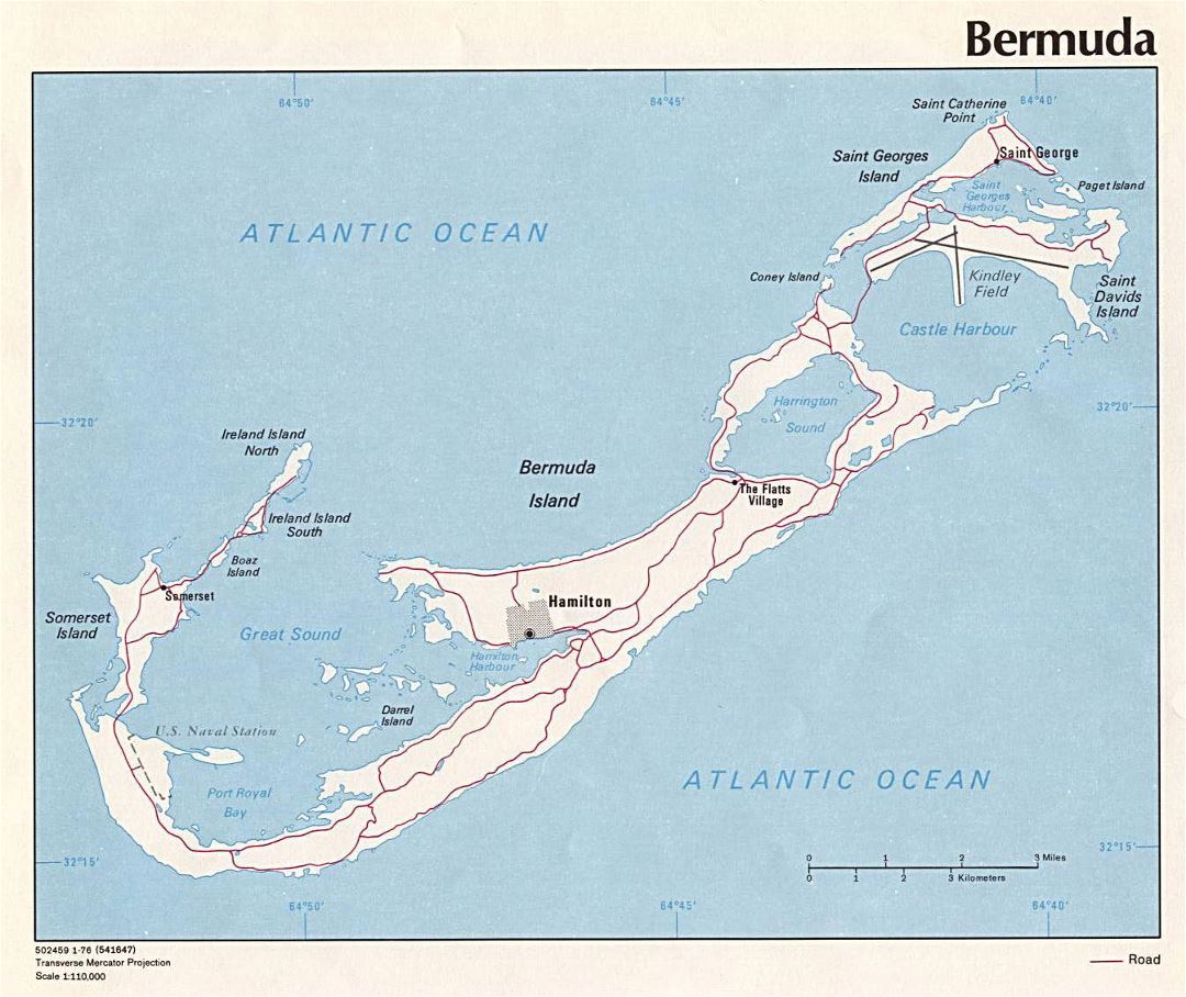 Большая политическая карта Бермудских островов с дорогами и городами - 1976