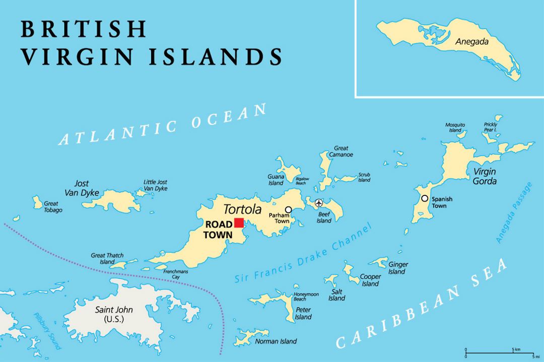 Подробная карта Британских Виргинских островов с городами и аэропортами