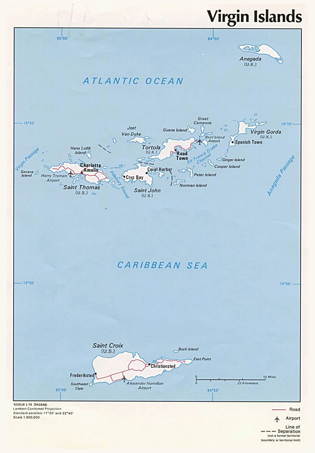 Детальная политическая карта Британских Виргинских островов с дорогами, крупными городами и аэропортами - 1976