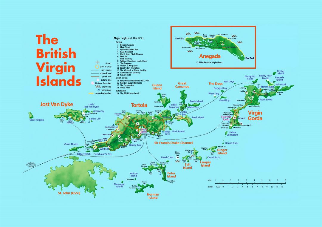 Подробная туристическая карта Британских Виргинских островов с рельефом и другими пометками
