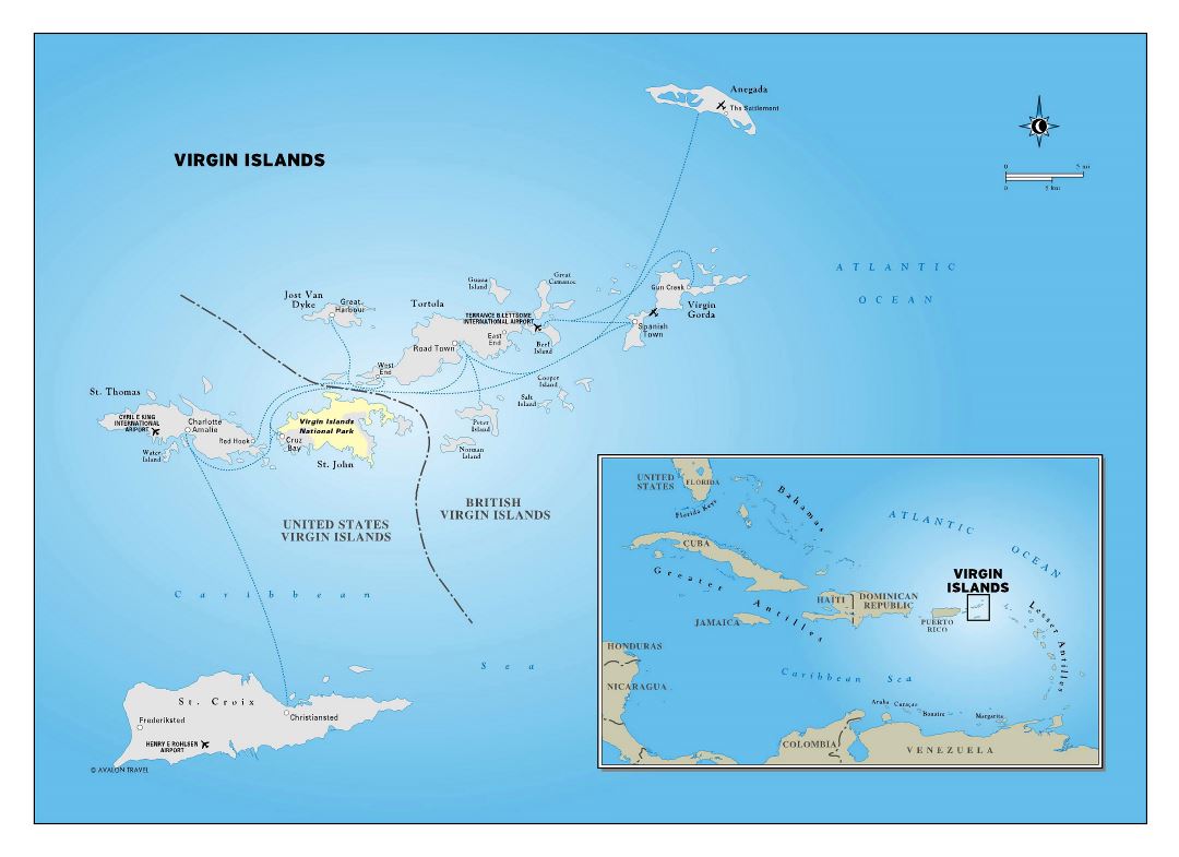 Большая детальная политическая карта Виргинских островов с городами и аэропортами